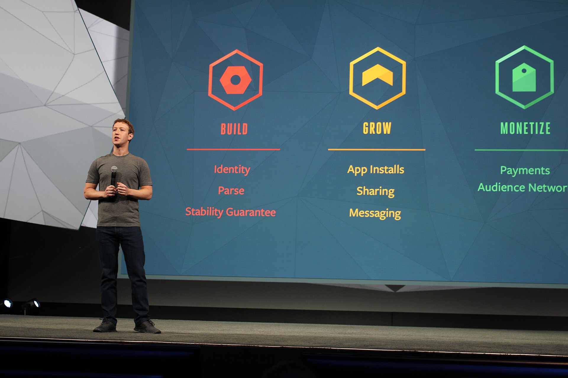 Mark Zuckerberg speaking on stage at Facebook’s F8 developer conference