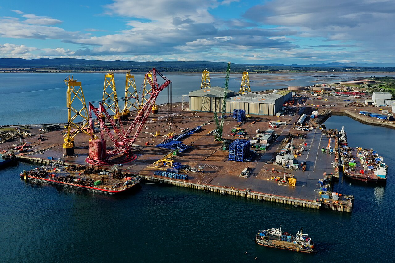A heavy-lift crane and offshore wind foundations at Nigg Energy Park