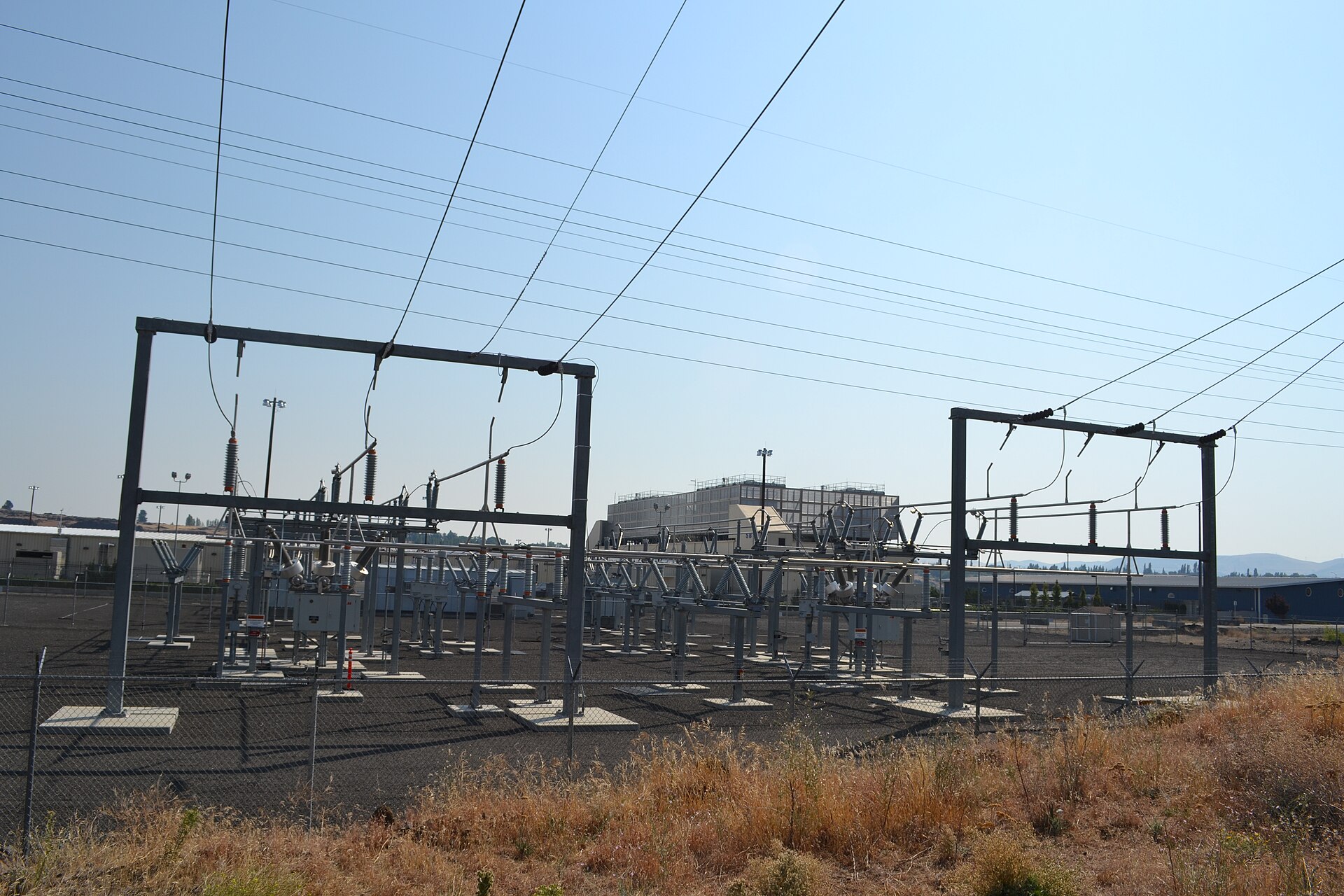 Electricity substation and power lines beside a Google data centre