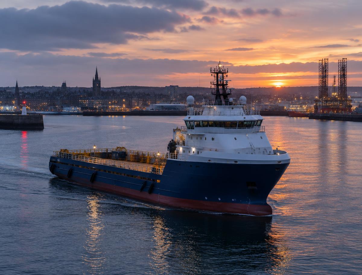 Illustrative image of an offshore supply vessel in a north-east Scottish harbour