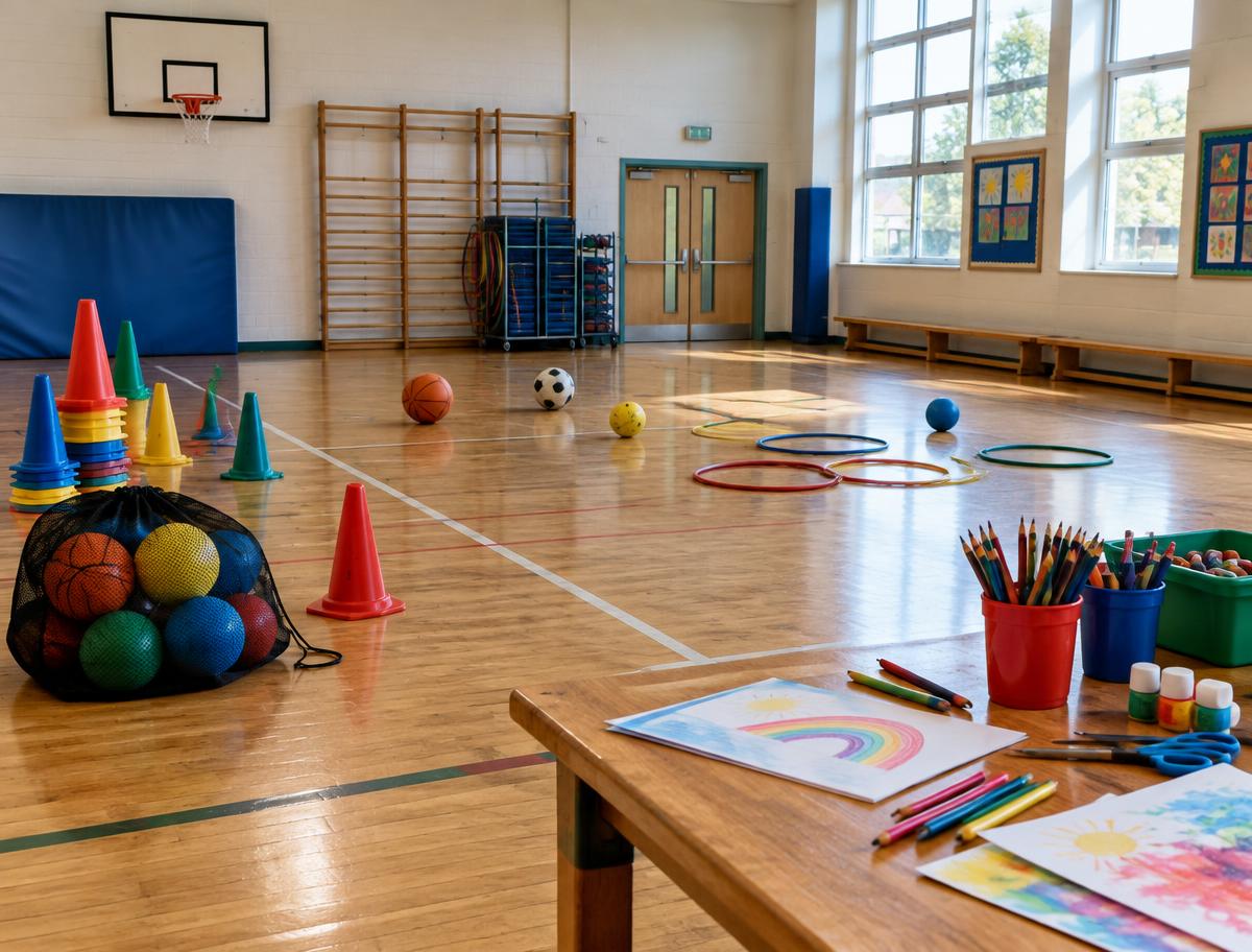 Illustrative image of a primary school hall with sports and art equipment