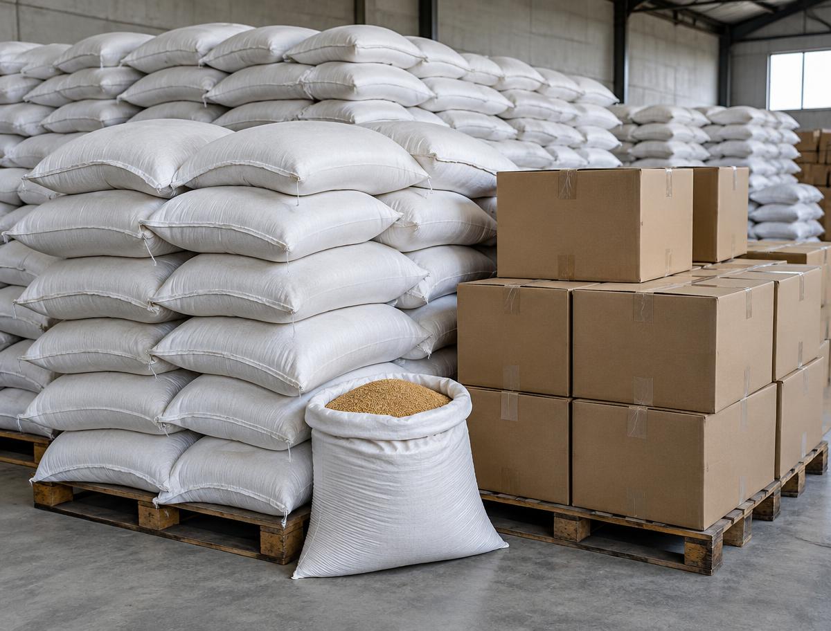 Illustrative image of sacks of grain in a warehouse; not a WFP facility