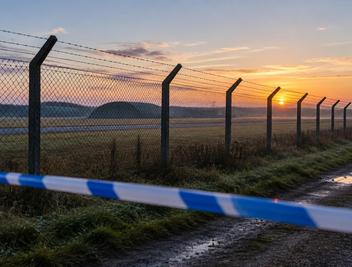 Illustrative image of an airbase perimeter fence with police tape