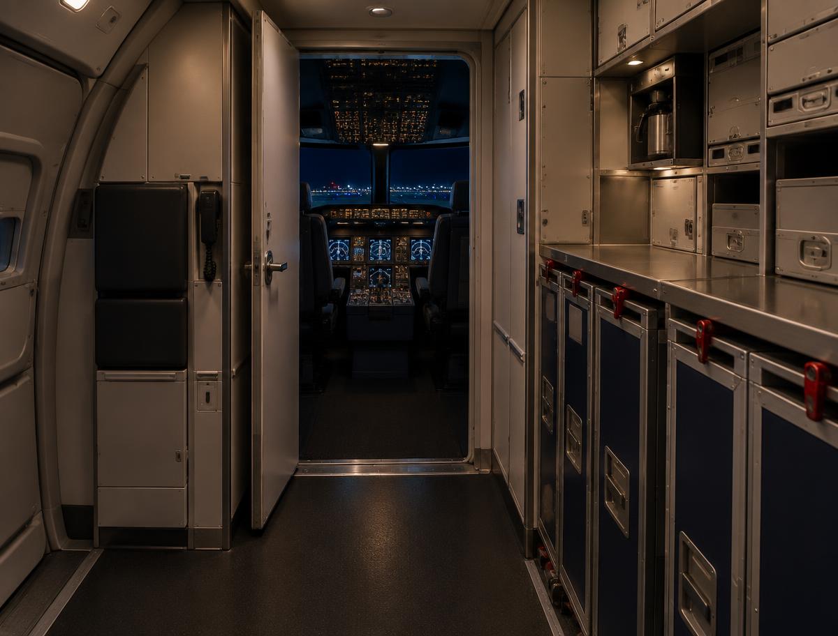 Illustrative image of an airliner galley and cockpit door; not the aircraft involved