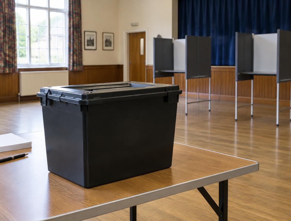 Illustrative image of a ballot box in a village hall polling station