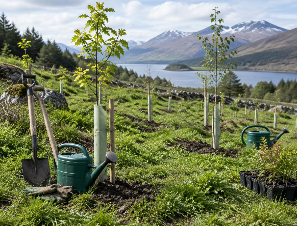 Illustrative image of newly planted trees in a Scottish landscape, not a specific project