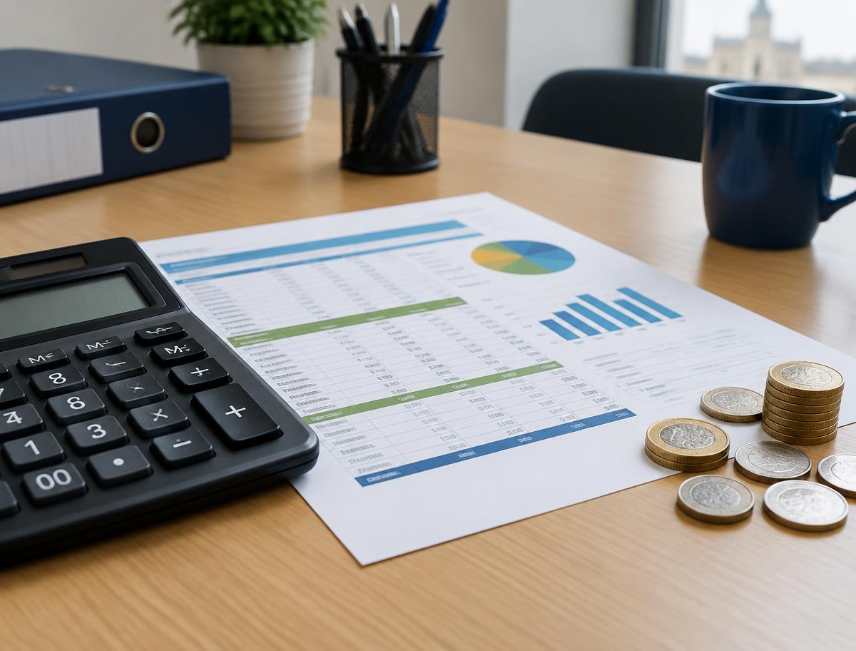 Illustrative image of a calculator, budget sheet and coins on a desk