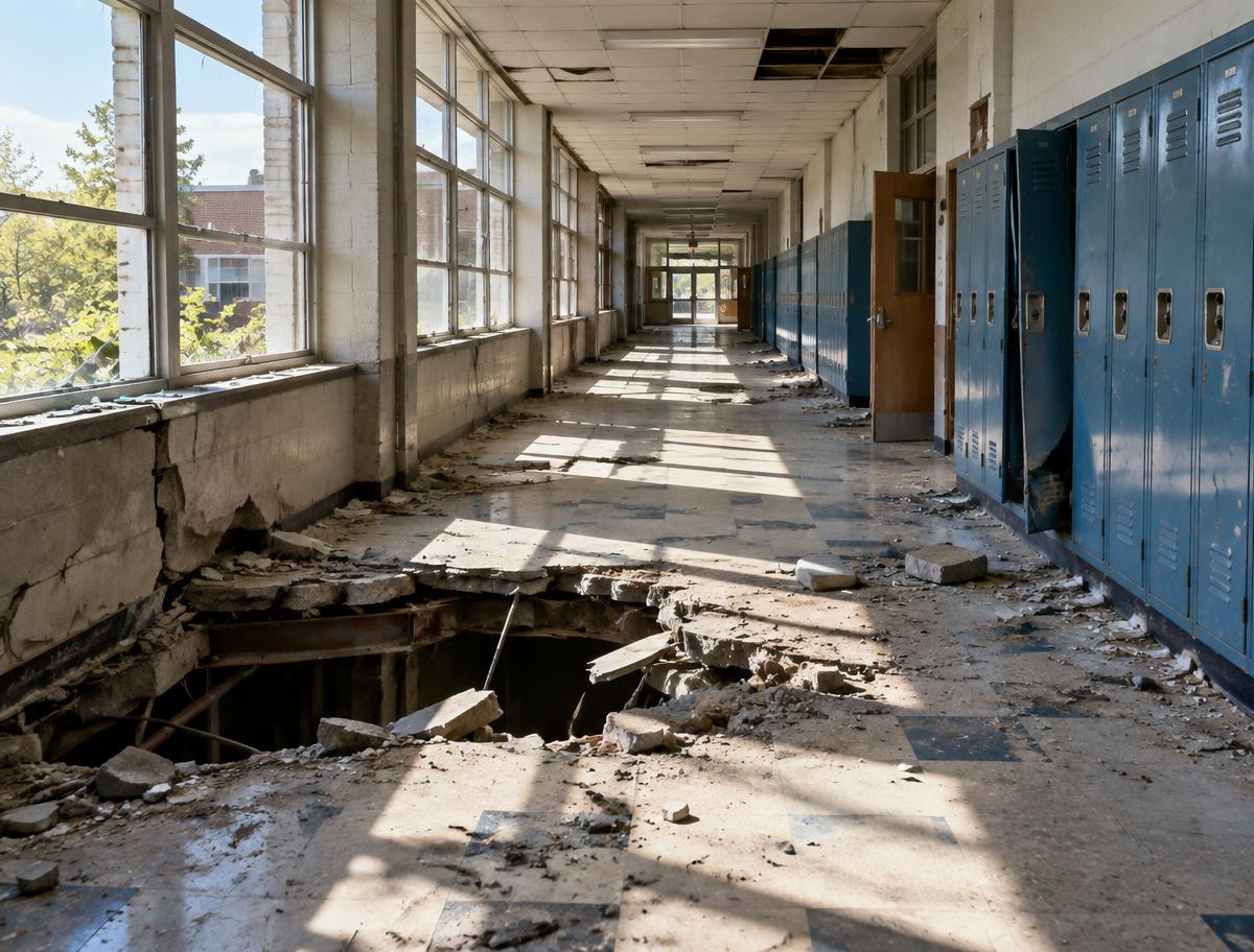 Illustrative image of a damaged school corridor; not the Kyiv school