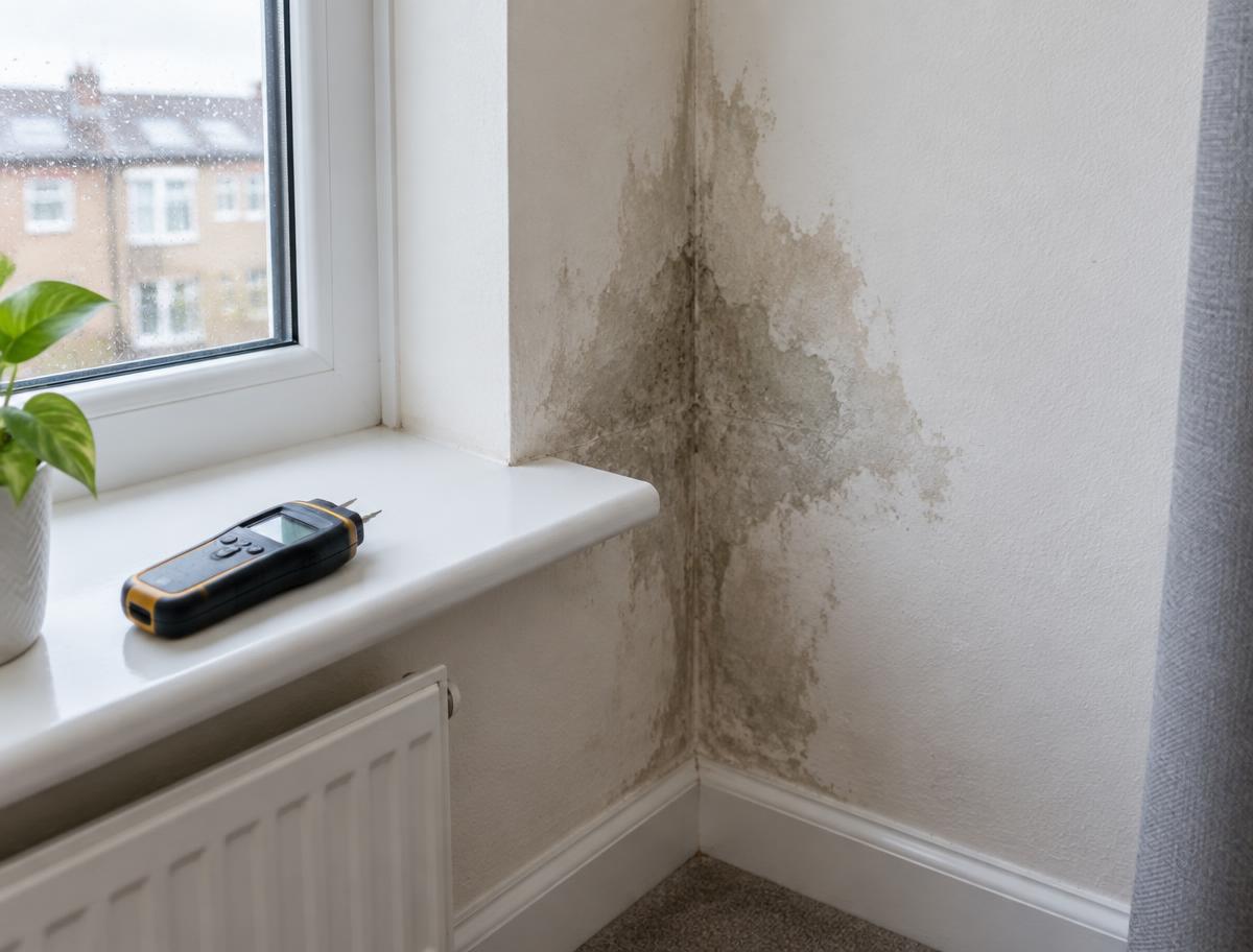 Illustrative image of damp on the wall of a rented flat beside a moisture meter; not a specific property