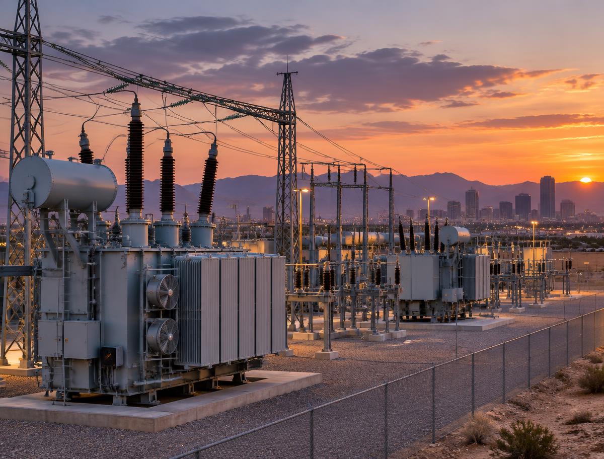 Illustrative image of an electrical substation at dusk