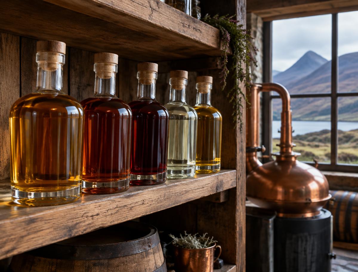 Illustrative image of unlabelled bottles on a distillery shelf; not the recalled product