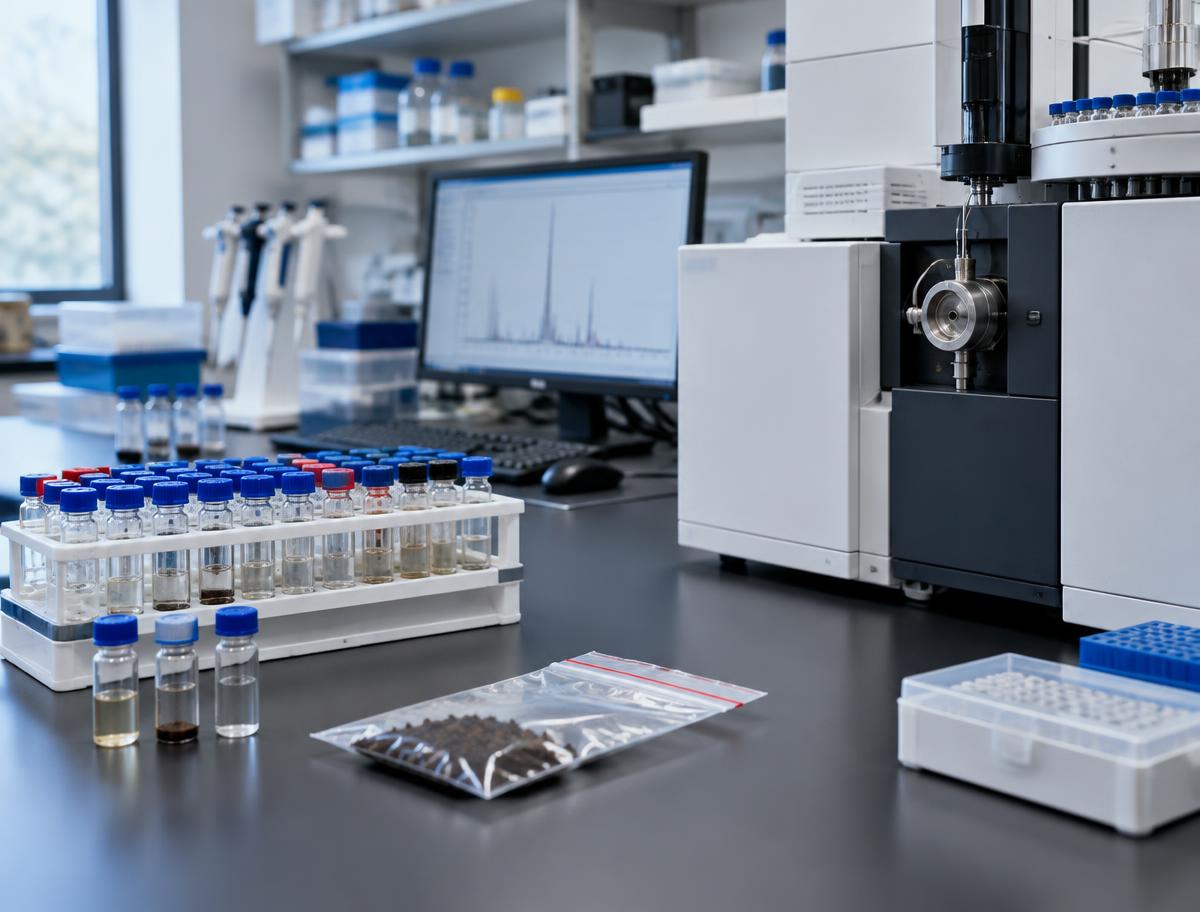 Illustrative image of a forensic laboratory bench with sample vials; not the Glasgow service or the Dundee laboratory