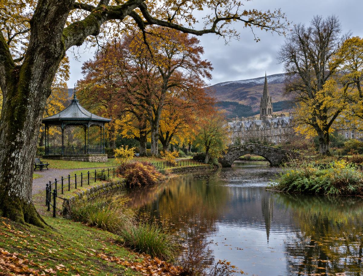 Illustrative image of a Victorian town park with a pond in autumn; not Cooper Park
