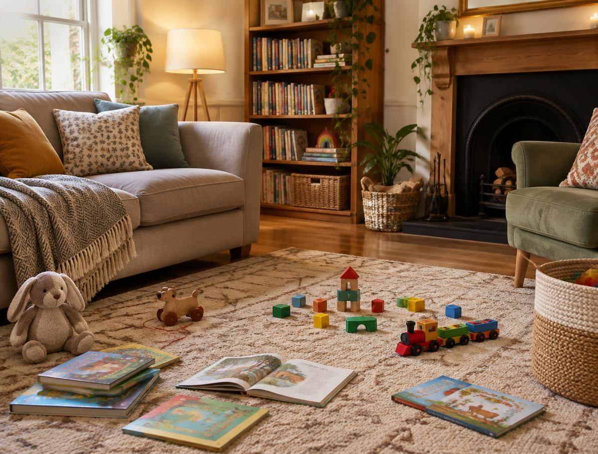 Illustrative image of a family living room with toys and books