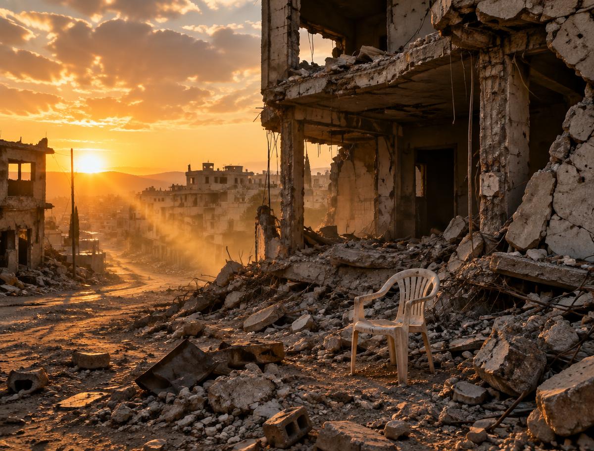 Illustrative rubble-strewn street at sunset