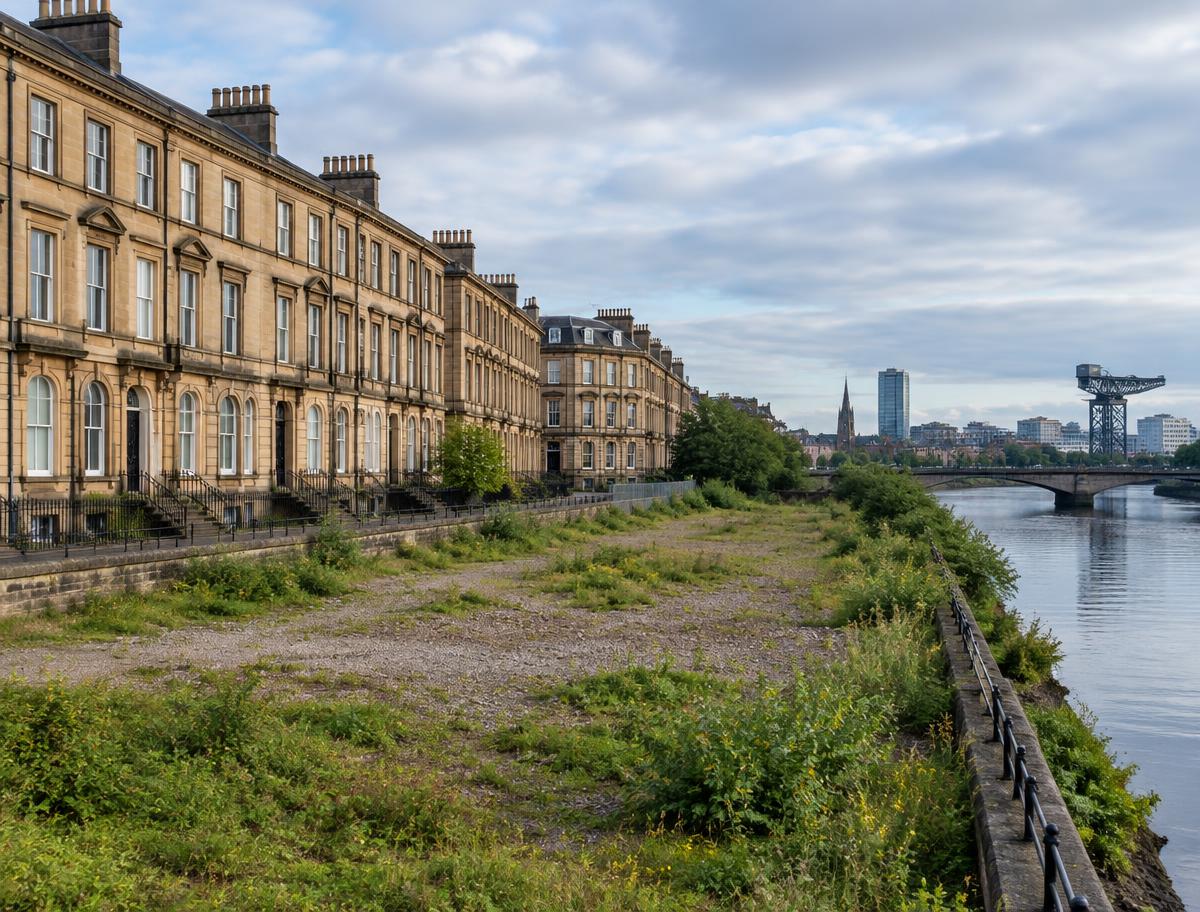 Illustrative image of sandstone terraces beside vacant land near a river