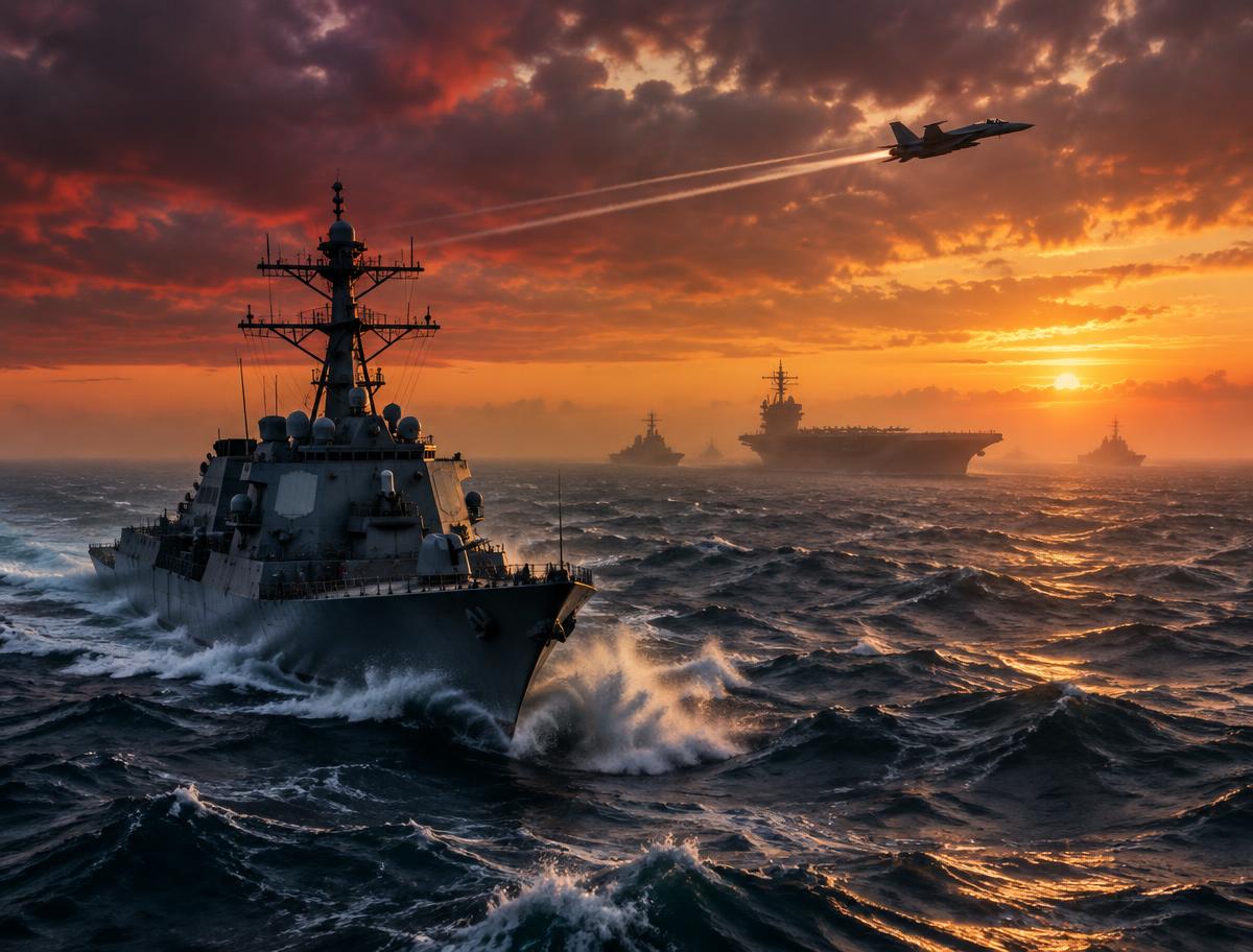 Illustrative naval task group at sea at dawn