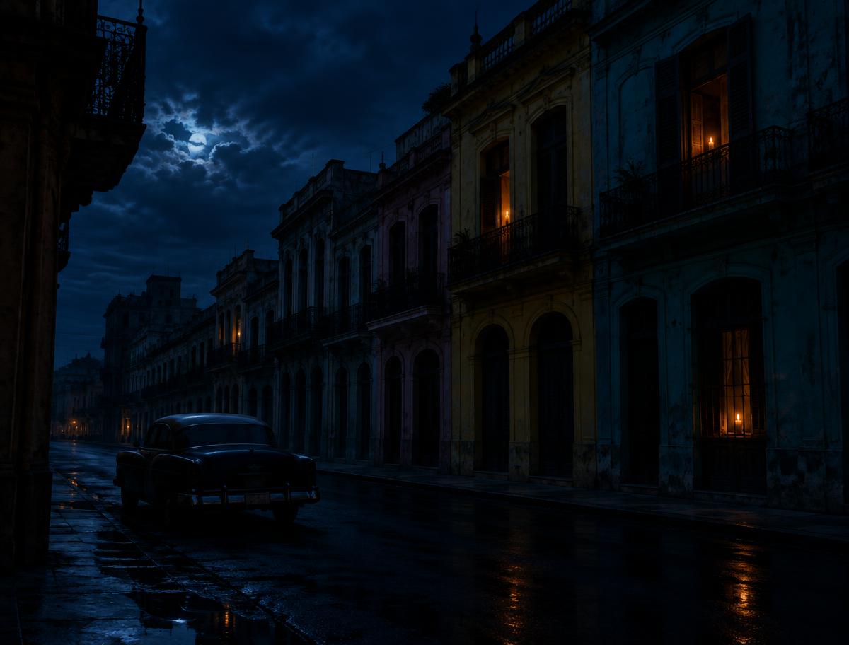 Illustrative darkened street of colonial buildings during a blackout
