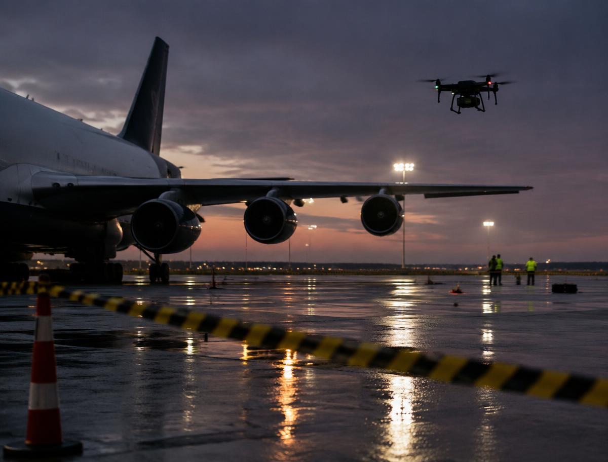 Police drone and cordon tape beside a cargo aircraft on an airport apron at dusk
