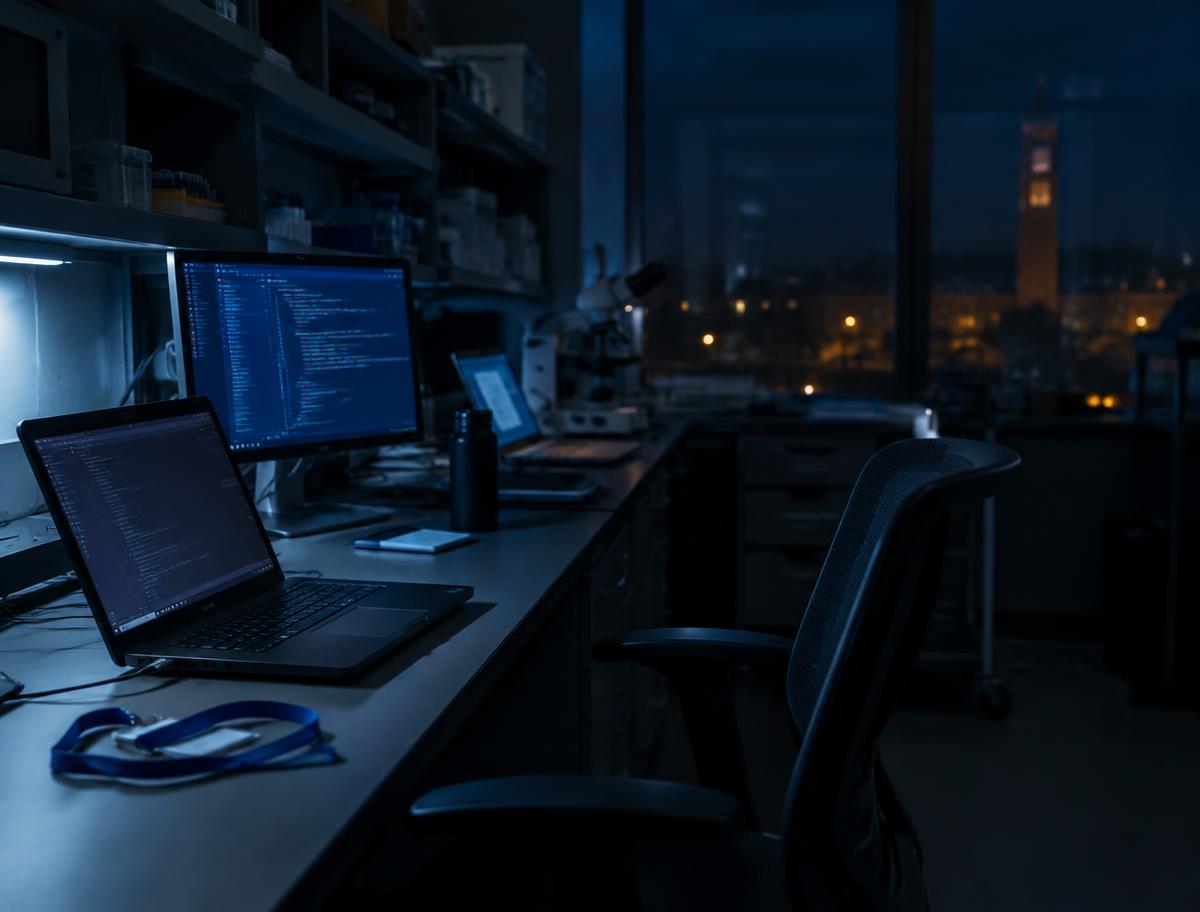 Empty university research lab at night with code on screens and a staff lanyard on the desk