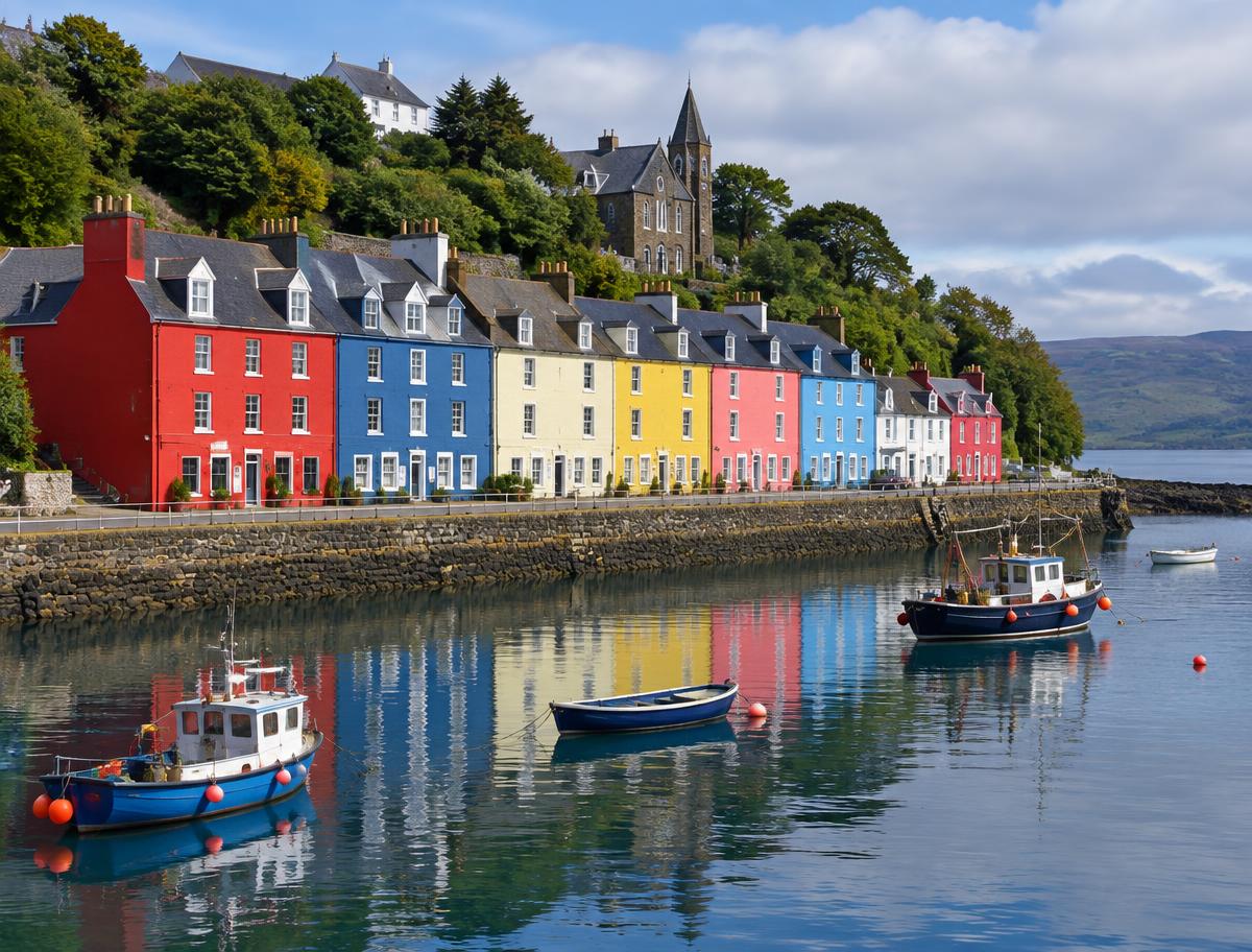 Illustrative image of colourful harbour-front houses on a Hebridean island