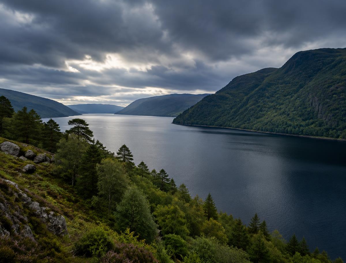 Illustrative landscape image of Loch Ness and wooded hills