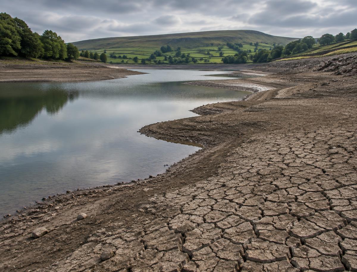 Illustrative image of a low reservoir with cracked banks; not Ardingly