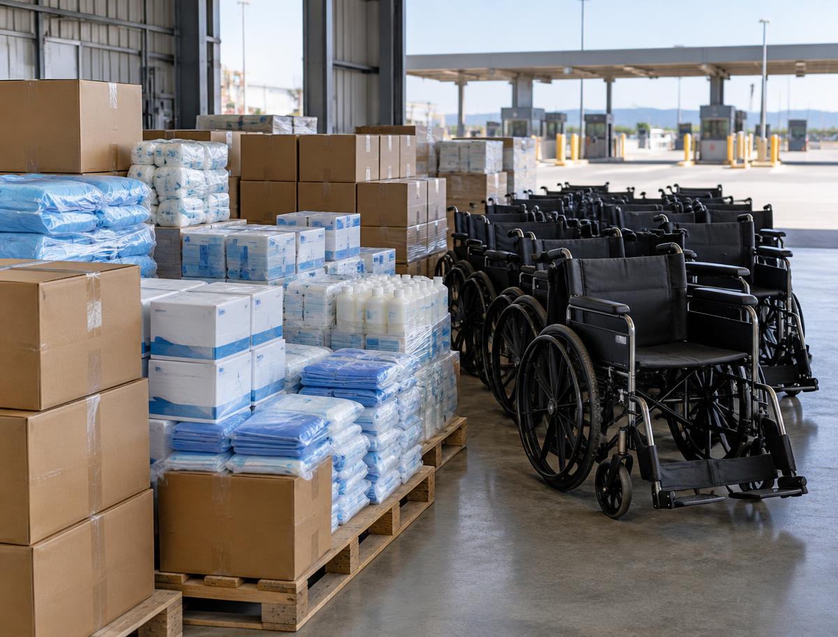 Illustrative image of medical supplies and wheelchairs in a warehouse
