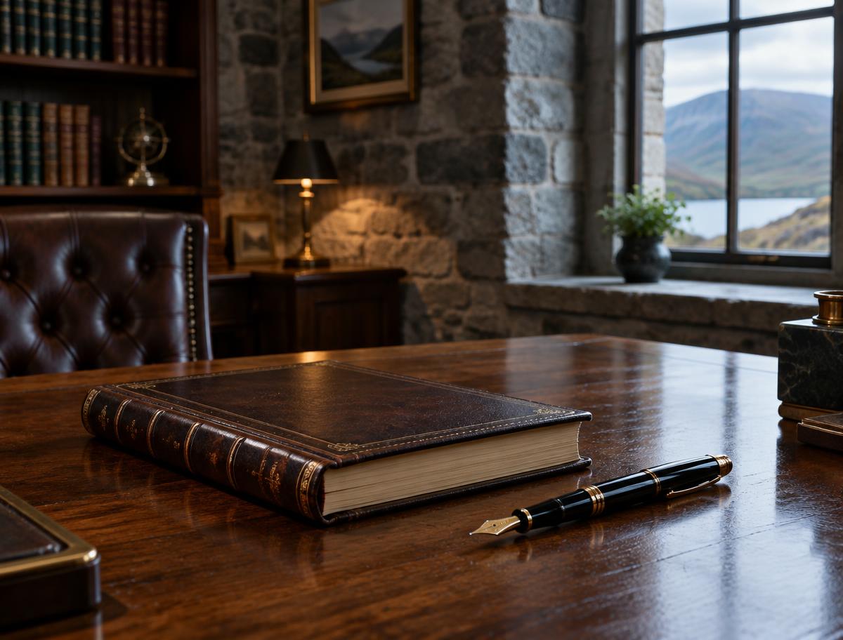 Illustrative image of a bound book and pen on an office desk