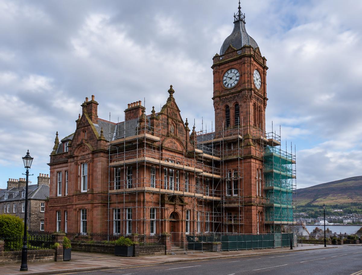 Illustrative image of a red sandstone municipal building under renovation; not the Coatbridge building