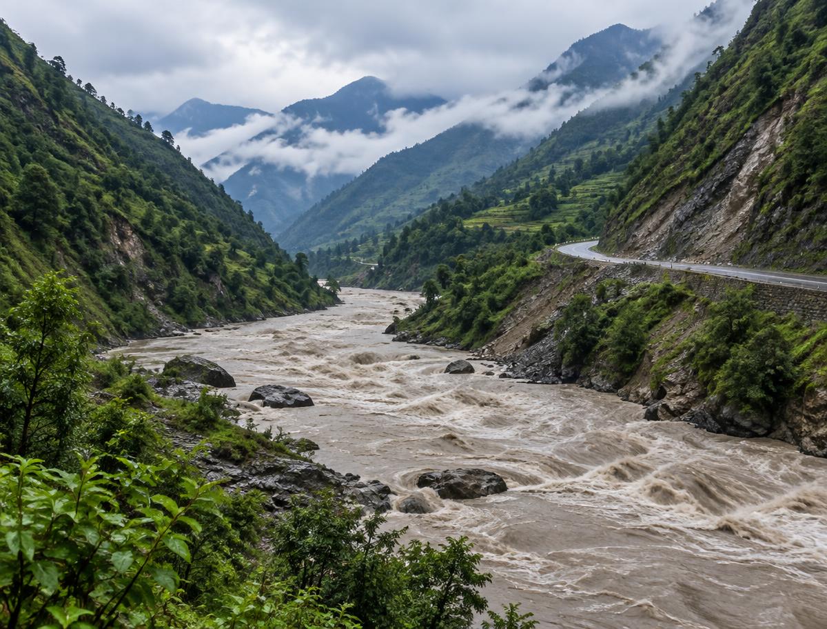 Illustrative image of a river in a mountainous valley, not a photograph of the reported flooding