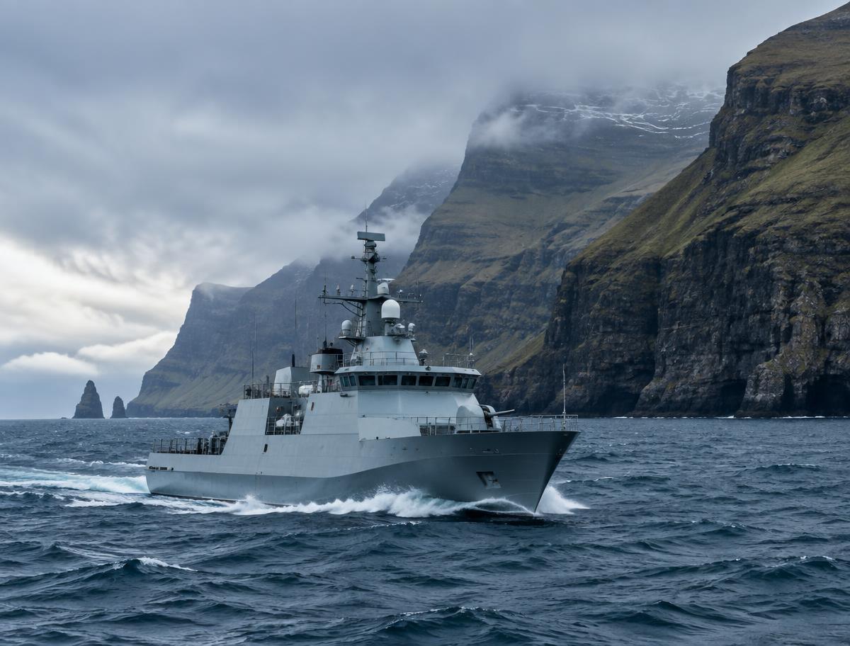 Illustrative image of a naval patrol ship near North Atlantic cliffs