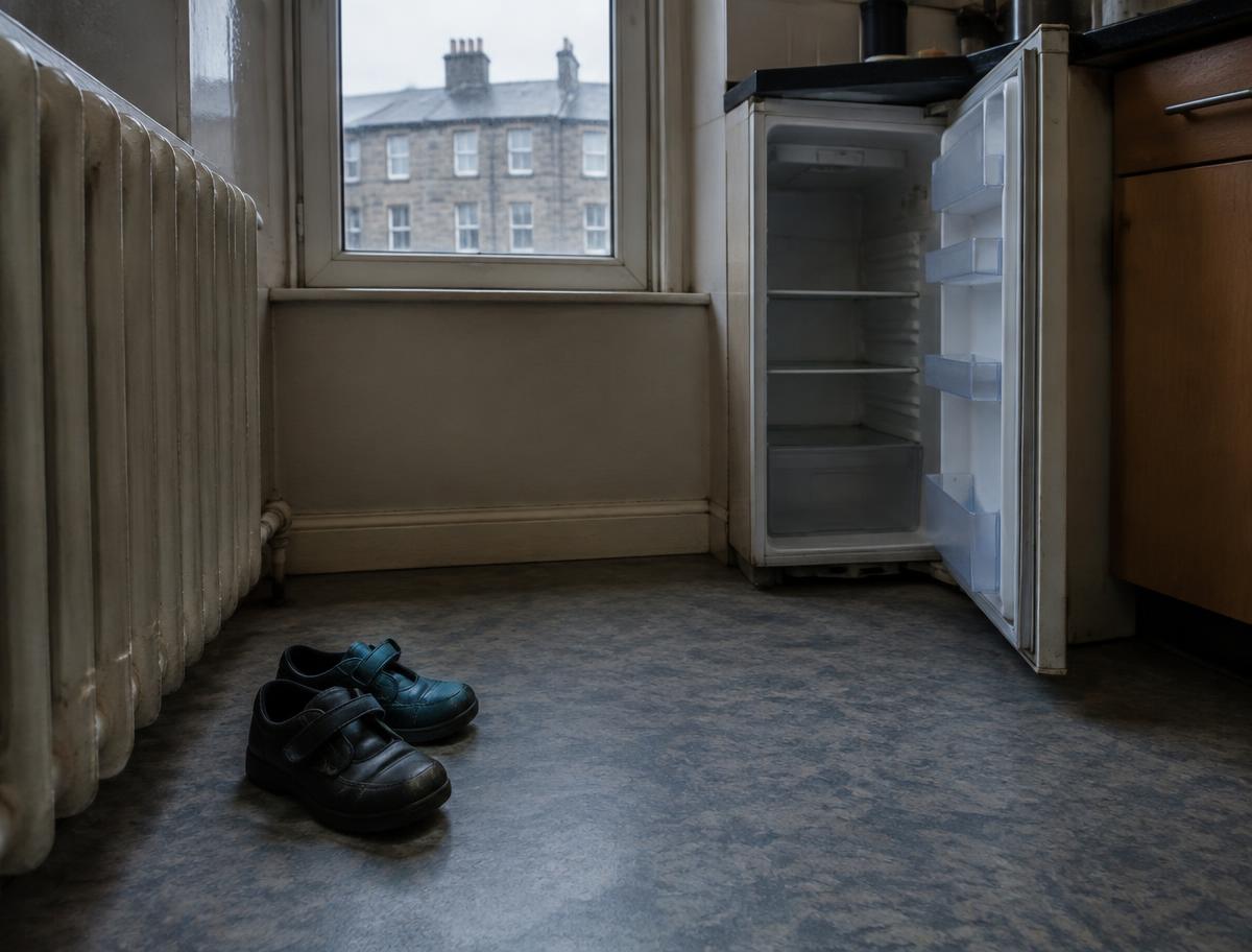Child's school shoes on a kitchen floor beside an empty open fridge in a Scottish tenement flat