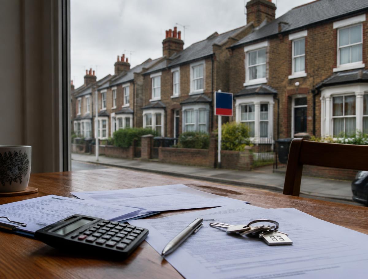 Mortgage paperwork, calculator and house keys on a table overlooking a row of terraced homes