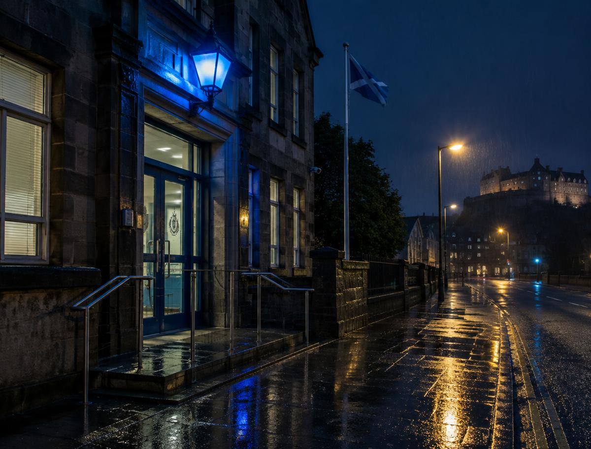 Police station entrance in Scotland lit by a blue lamp on a rainy night