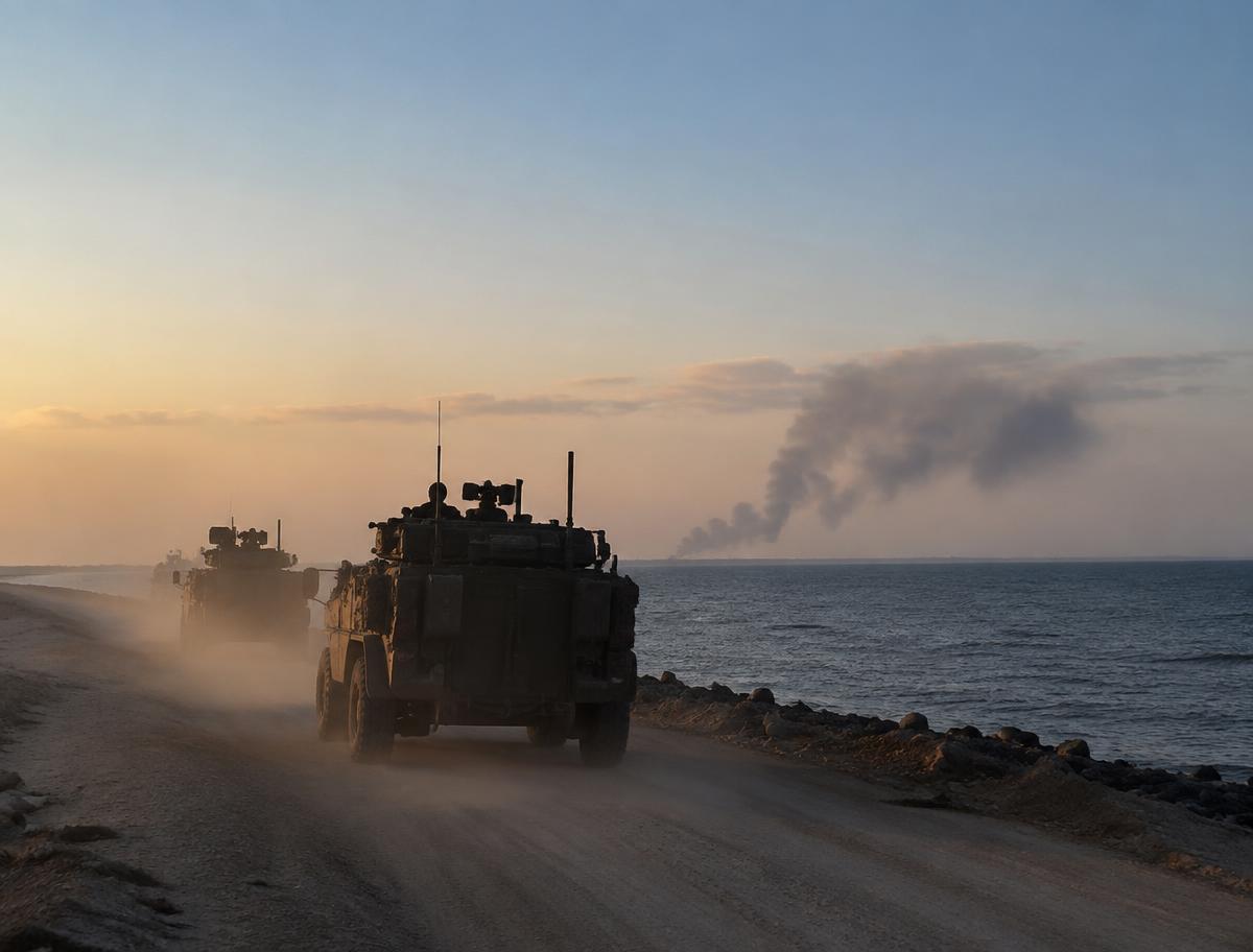 Armoured vehicles on a dusty Red Sea coastal road at dawn with smoke on the horizon