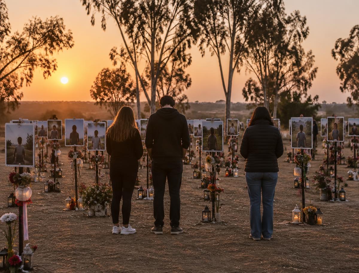 Mourners at dawn before rows of memorial portraits, flowers and candles in a field