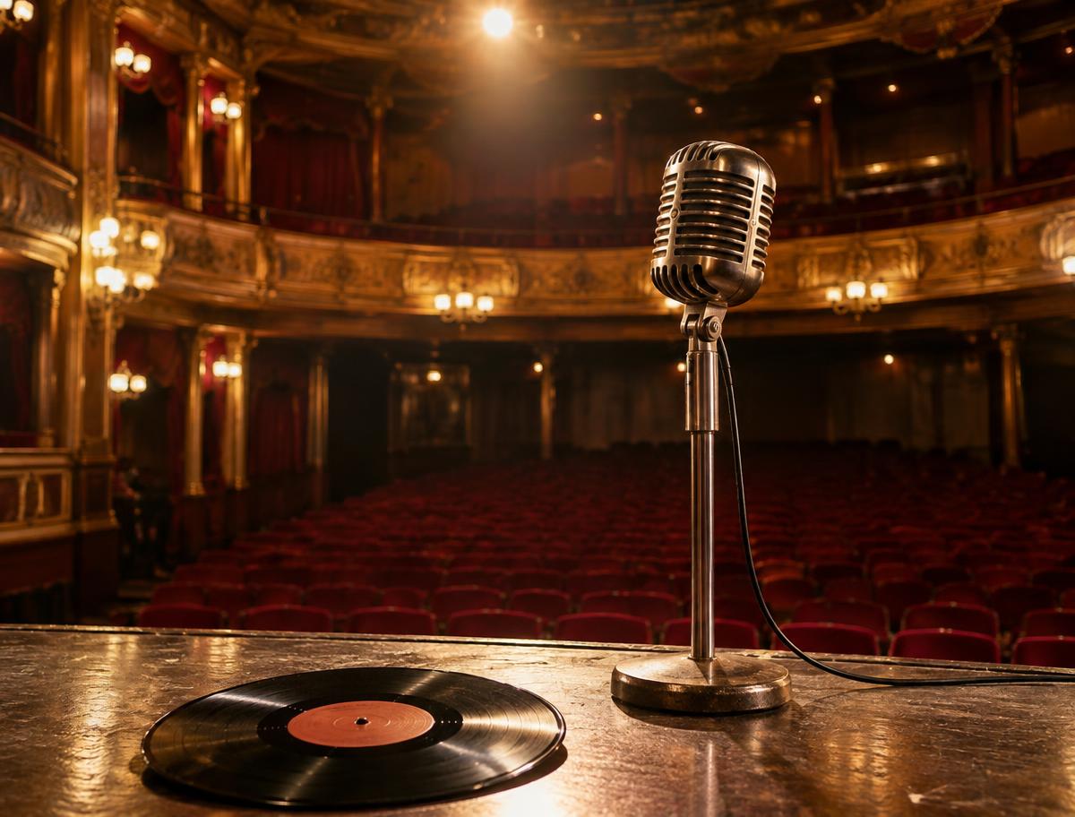 Vintage microphone and vinyl single under a spotlight on an empty ornate theatre stage