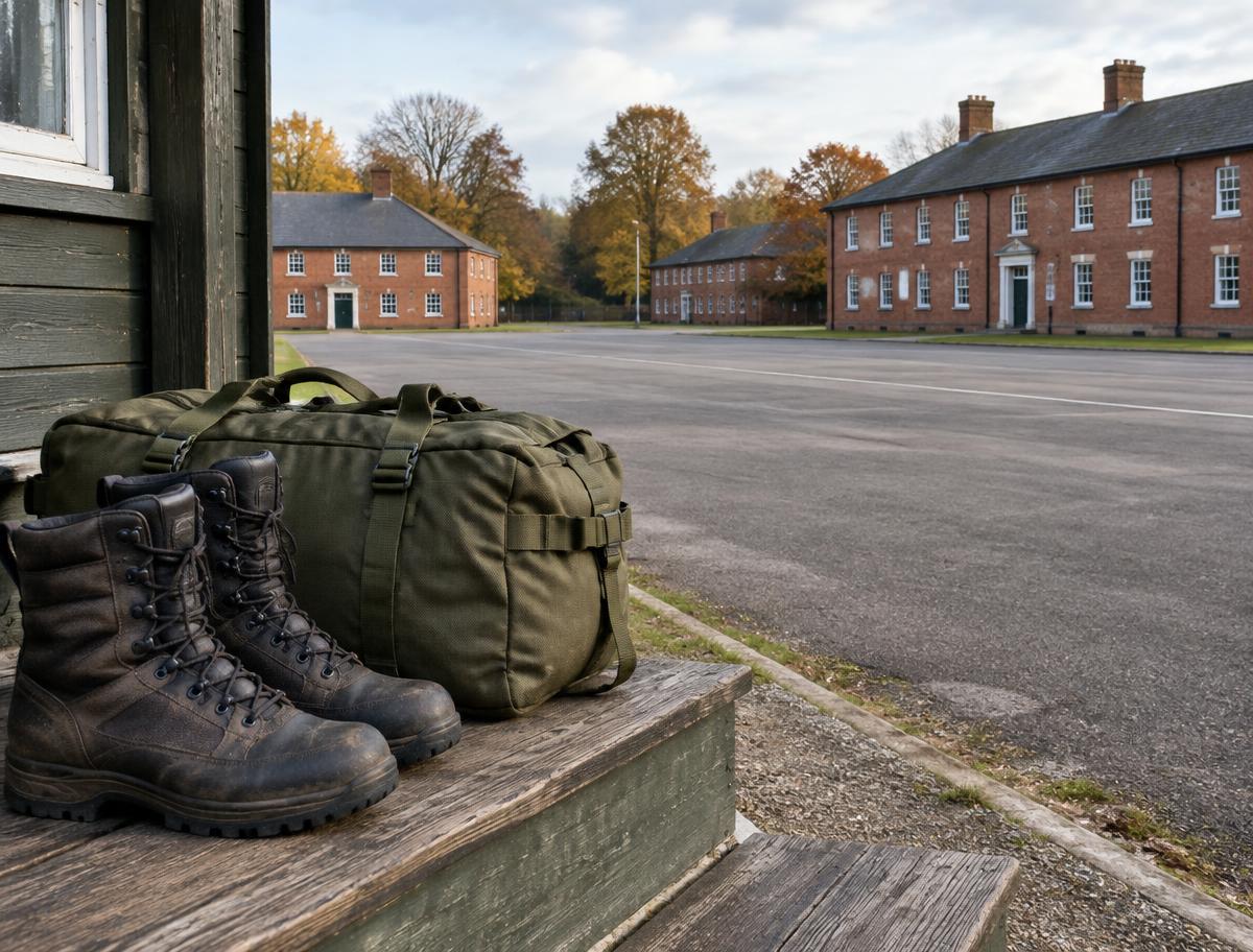 Army boots and kit bag overlooking an empty military training square