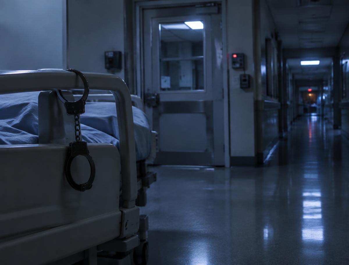 Handcuffs hanging from a hospital bed rail in a dimly lit corridor at night