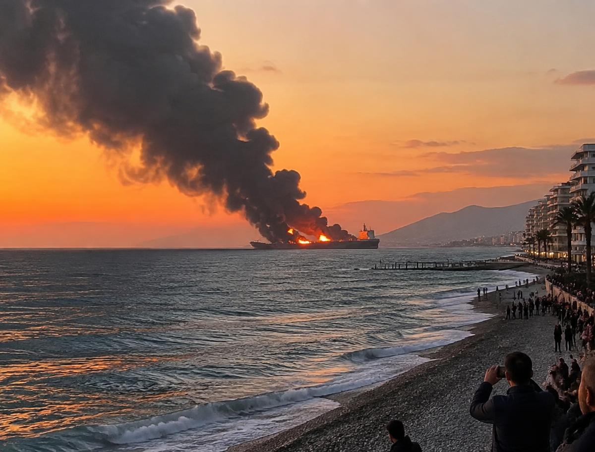 Burning tanker sending black smoke over the sea as people watch from a resort beach