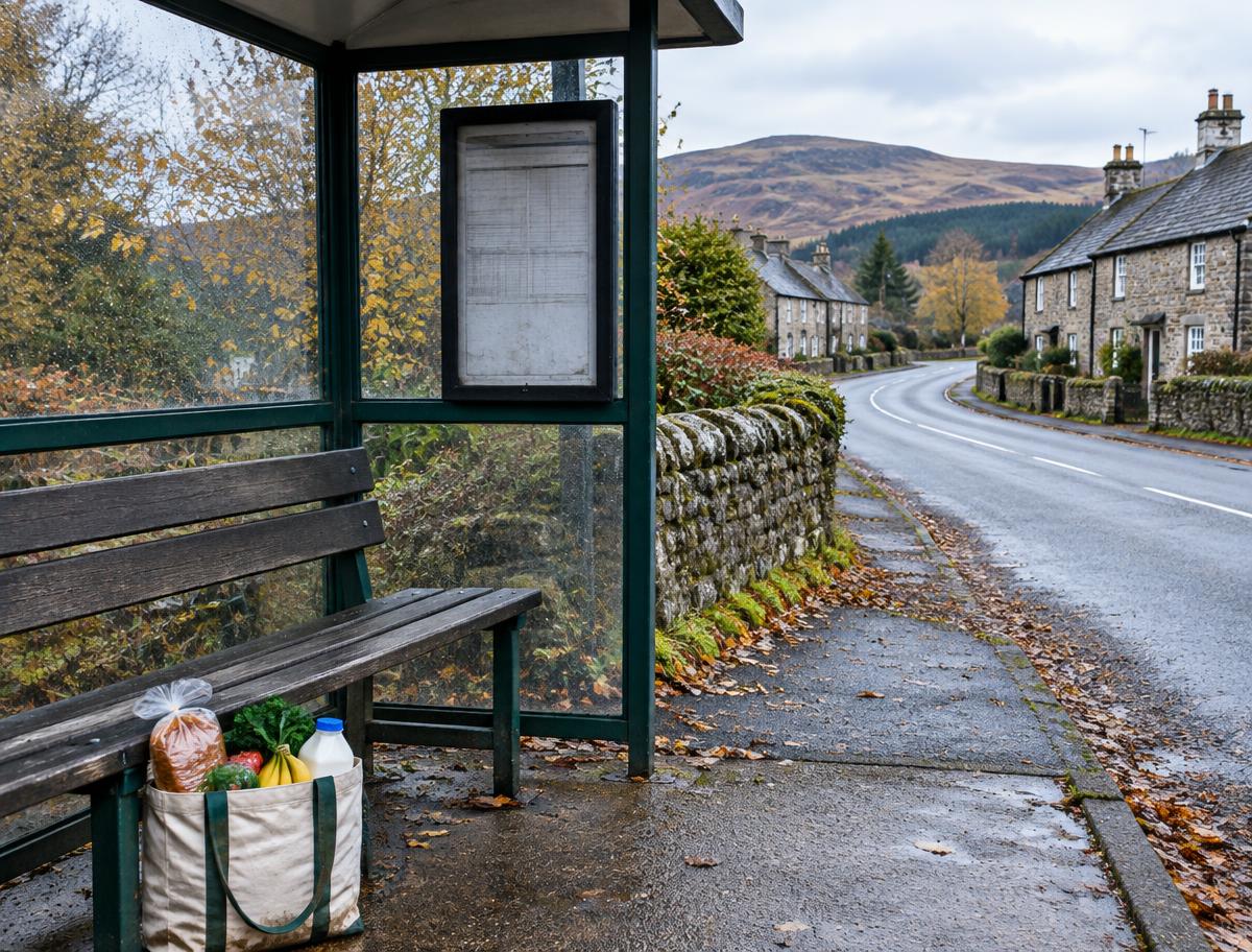 Groceries beside an empty bus shelter in a rural Scottish village