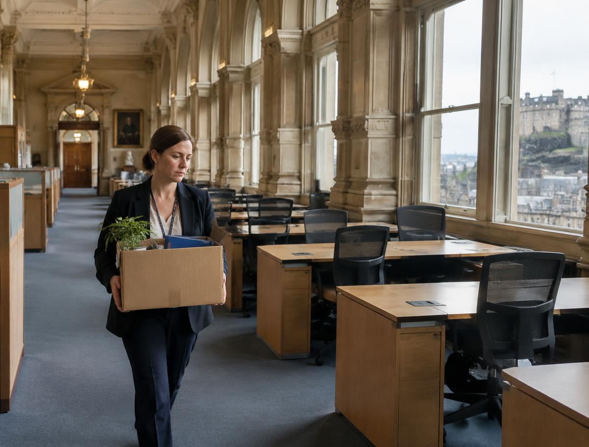 Civil servant carrying a box of belongings past empty desks in an Edinburgh government office