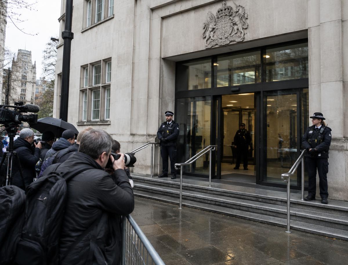 Police officers guarding a London court entrance as press photographers wait outside