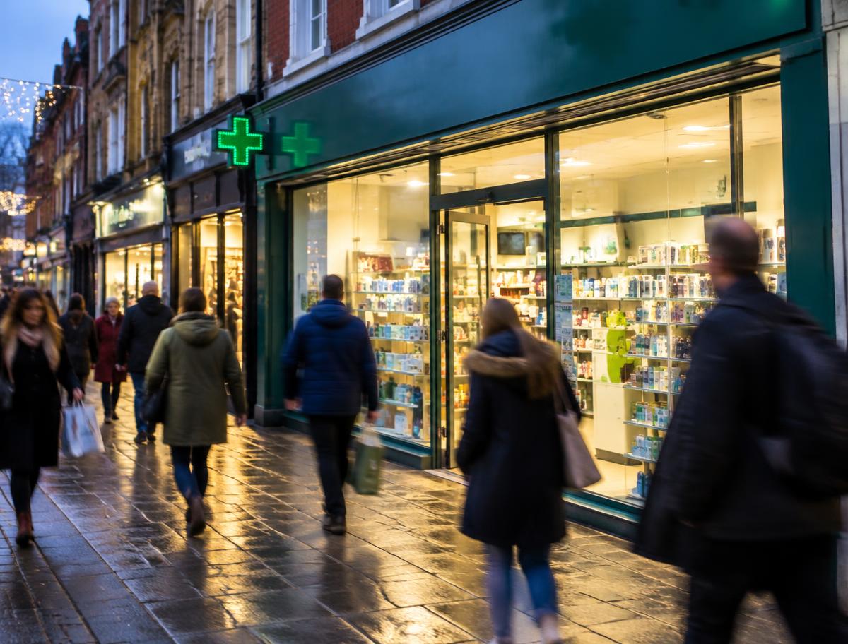 Shoppers passing a brightly lit High Street pharmacy on a wet evening