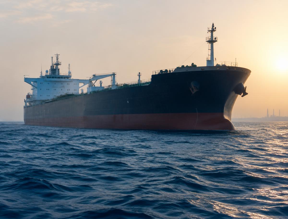 Illustrative oil tanker at sea; not the vessel struck off Qatar