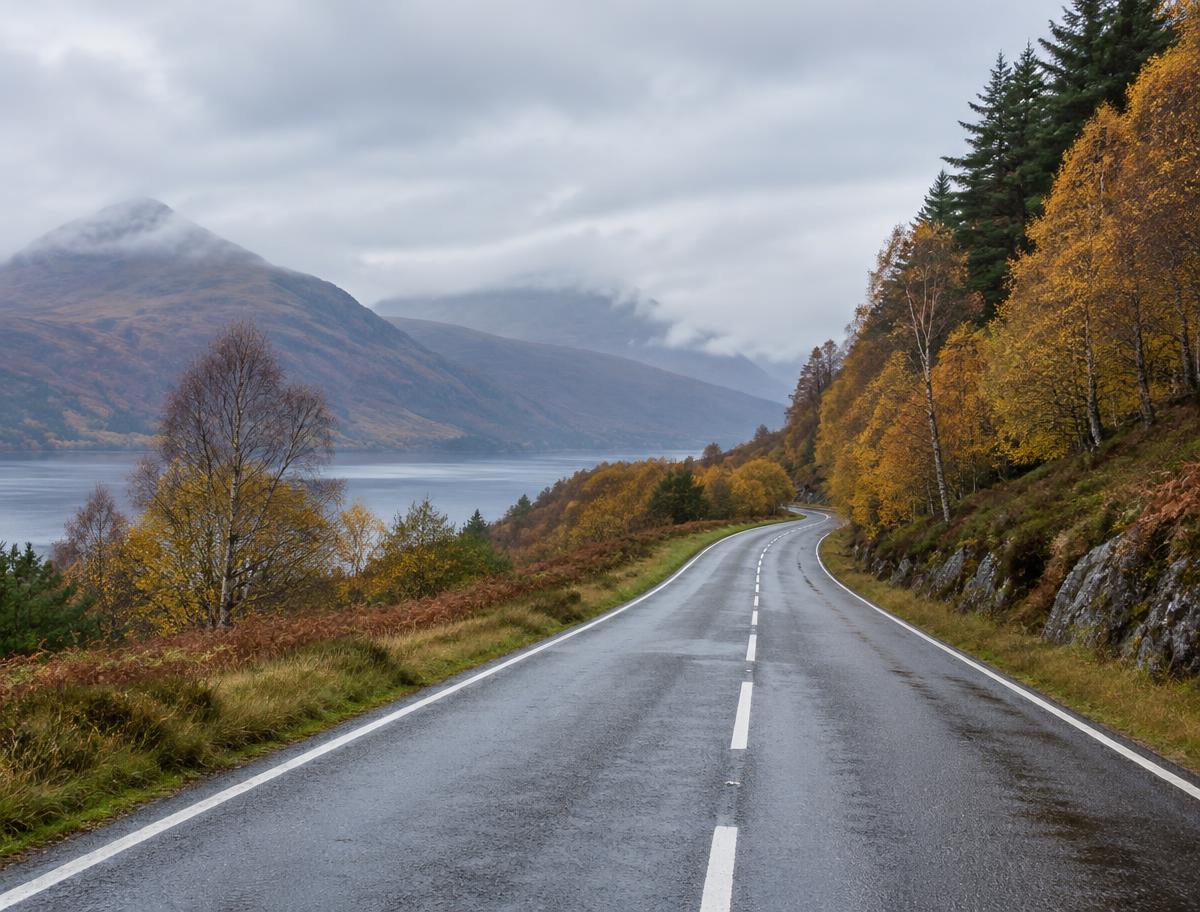 Illustrative empty Highland road beside wooded hills; not the A831 collision scene