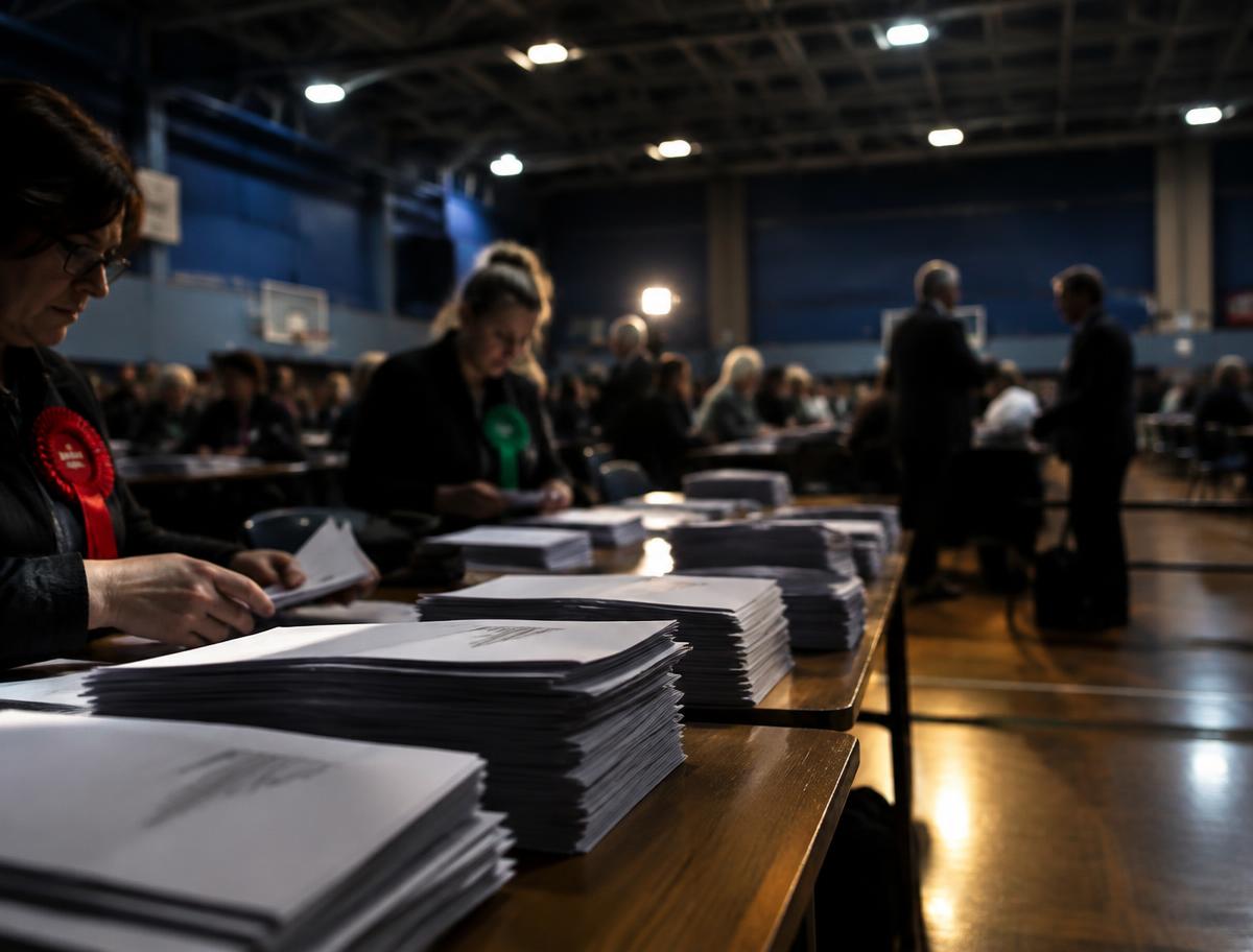 Illustrative election count with stacked ballot papers; not the Holborn and St Pancras count