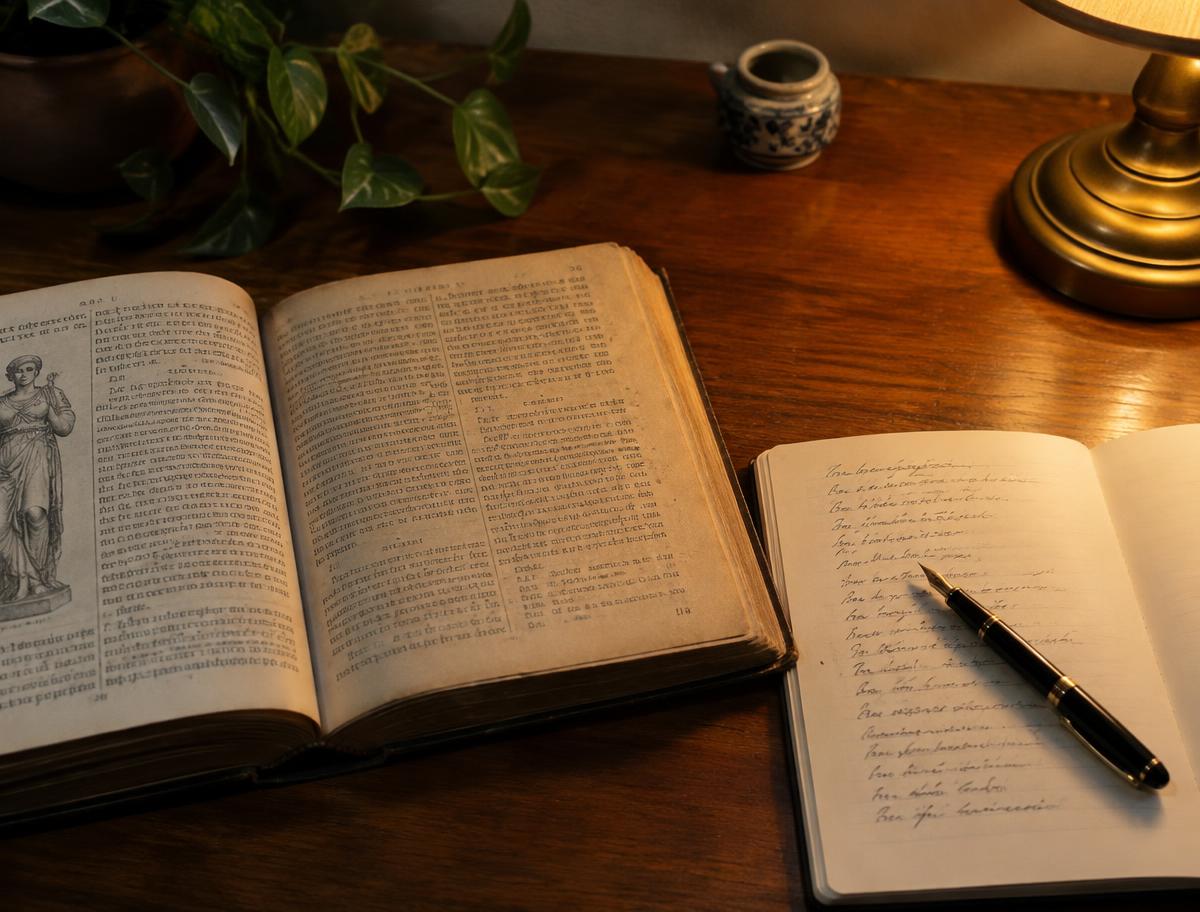 Illustrative classical text beside a poetry notebook