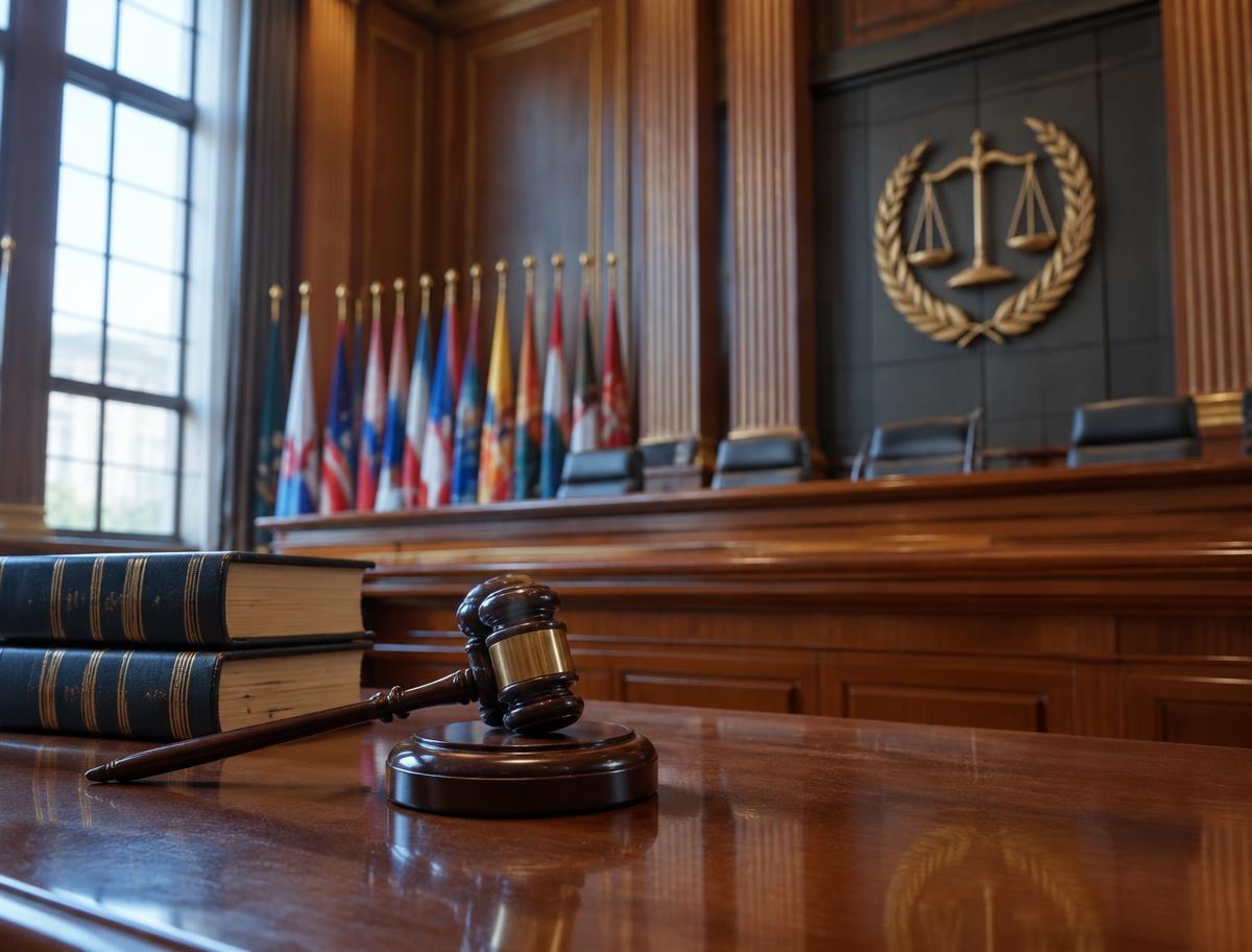 Illustrative international courtroom with gavel; not a photograph of Navi Pillay